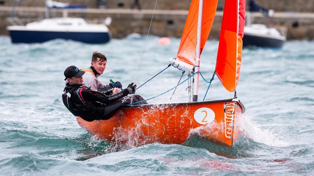 29er class nominee Atlee Kohl with crew Jonathan O’Shaughnessy winning the All-Ireland Junior Championship at Dún Laoghaire. Photograph: David Branigan/Oceansport