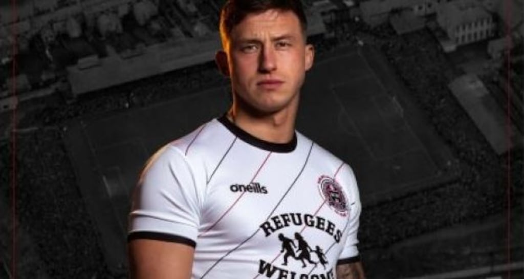 Bohemian FC’s 2020 away jersey contains the slogan ‘Refugees Welcome’