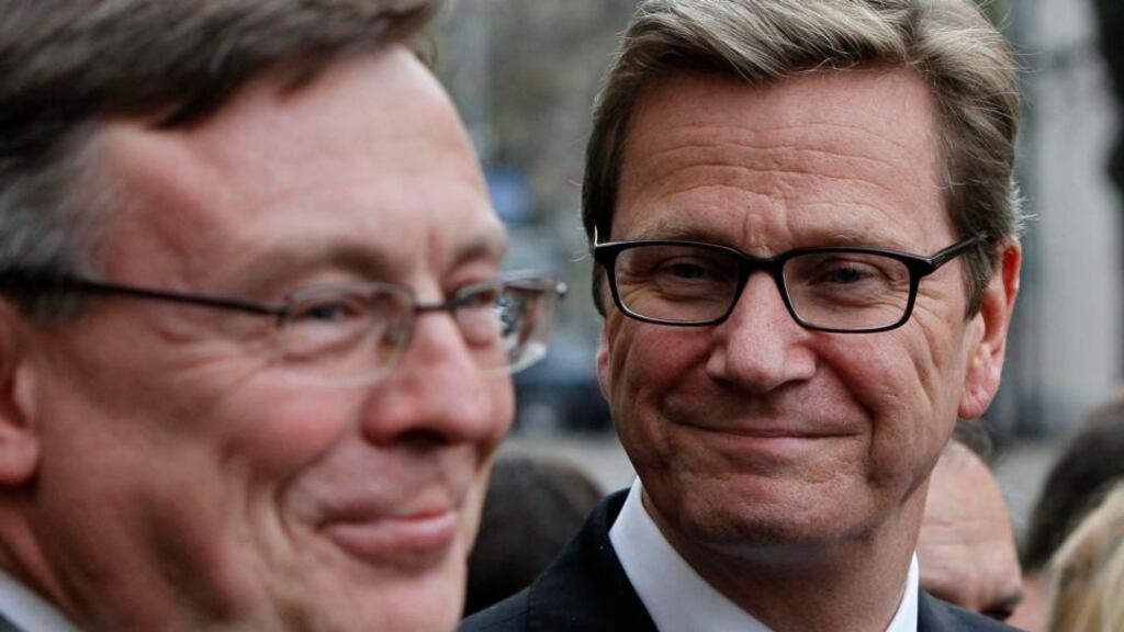 German foreign minister Guido Westerwelle (right) and his Ukrainian counterpart Leonid Kozhara in Kiev. Mr Westerwelle warned yesterday that time is  running out for Ukraine to be ready to sign landmark deals with the EU next month.  Photograph: Gleb Garanich/Reuters