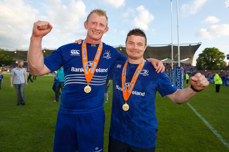 Leo Cullen and Brian O'Driscoll after their last match for Leinster in May 2014. Photograph: Patrick Bolger/Getty Images
