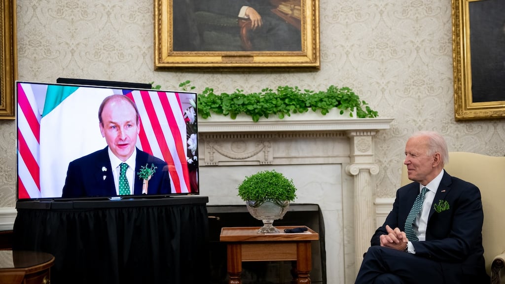 US president Joe Biden speaks during a virtual meeting with Taoiseach Micheál Martin in the Oval Office of the White House on March 17th, 2021 in Washington, DC. Photograph: Erin Scott-Pool/Getty