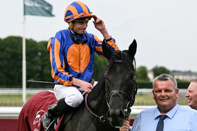 Ryan Moore reacts after winning the French Derby on Camille Pissarro. Photograph: Hugo Mathy/AFP via Getty Images