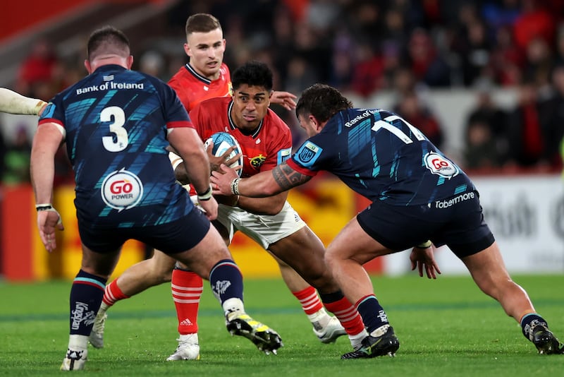 Malakai Fekitoa of Munster in action against Ulster in the URC last October: 'I am getting lighter on my feet and am making plays on both sides of the ball. Photograph: INPHO/James Crombie