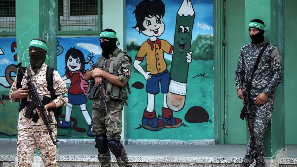 Masked youth cadets of the Ezzedine al-Qassam Brigades, the armed wing of the Palestinian Islamist Hamas movement, hold Kalashnikov assault rifles at a march in the southern Gaza Strip city of Khan Yunis on September 15th, 2017. Photograph: Said Khatib/AFP/Getty Images