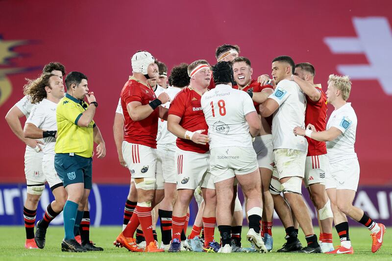 Tempers flare between Munster and Ulster during the URC game this month. Photograph:
Laszlo Geczo/Inpho