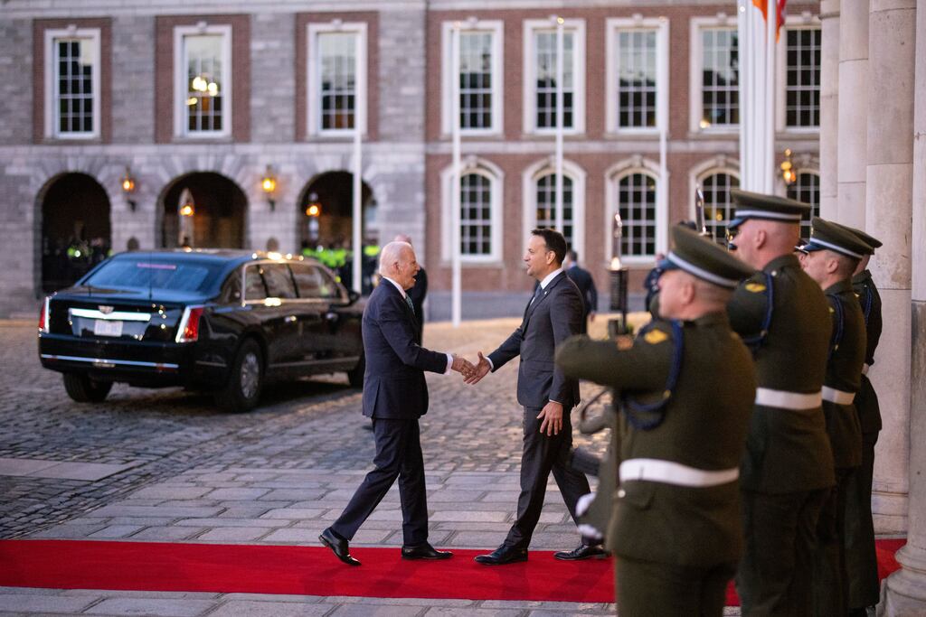 US president Joe Biden is welcomed to Dublin Castle by Taoiseach Leo Varadkar during his four-day visit to the country earlier this year. Photograph: Tolga Akmen