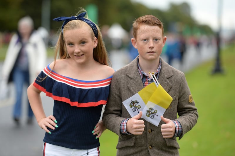 Kathleen and Connie O'Ryan, from Limerick, attending the WMOF2018 closing Mass, at the Phoenix Park. Photograph: Dara Mac Donaill/The Irish Times
