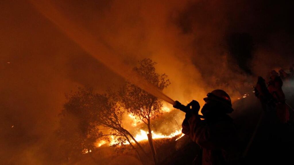 A firefighter uses a hose line to extinguish fire from a tree. A fierce, wind-driven wildfire spread yesterday along the California coast northwest of Los Angeles, threatening 4,000 homes and a military base as residents were evacuated ahead of the flames and a university campus was closed. Photograph: Patrick T Fallon/Reuters
