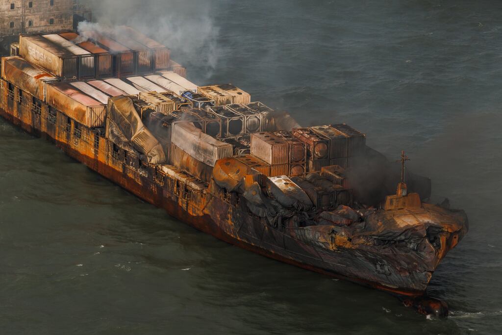 The Solong cargo ship in the North Sea in the aftermath of its collision with another vessel. Photograph: Dan Kitwood/Getty Images)