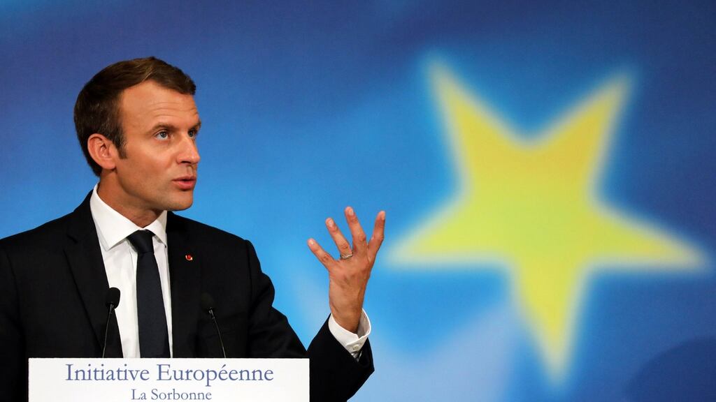 French president Emmanuel Macron delivers a speech to set out plans for reforming the European Union at the Sorbonne in Paris, France. Photograph:  Reuters/Ludovic Marin/Pool