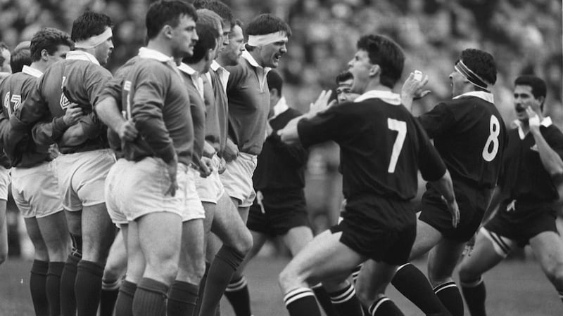 Ireland captain Willie Anderson faces up to New Zealand captain Wayne Shelford as the All Blacks preform The Haka in November 1989. Photograph: Billy Stickland/Inpho