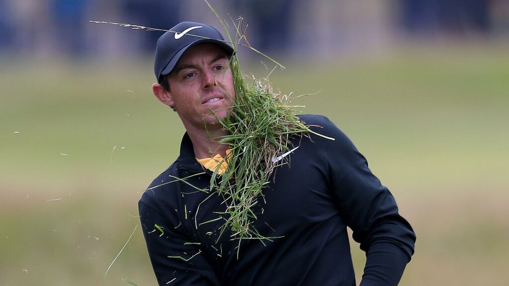 Northern Ireland’s Rory McIlroy chips from the rough on the 18th during day four of the British Open at Royal Birkdale Golf Club. Photograph: Richard Sellers/PA Wire