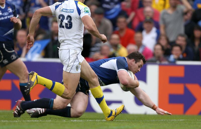 Leinster's Cian Healy socres a try against Clermont. Photograph: Billy Stickland/Inpho