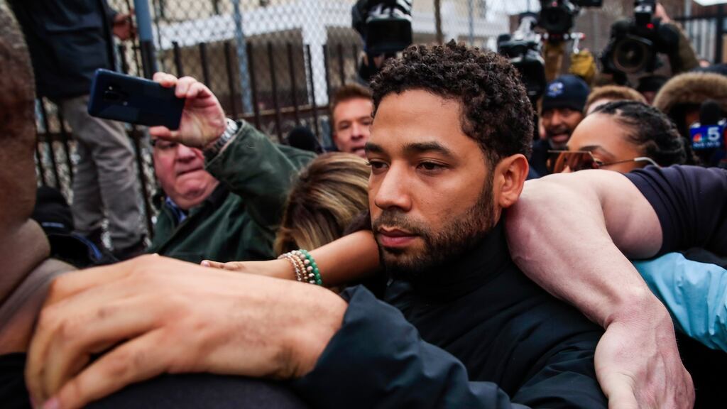 Aactor Jussie Smollett leaving Cook County Jail in Chicago after his release on Thursday. Photograph: Tannen Maury/EPA