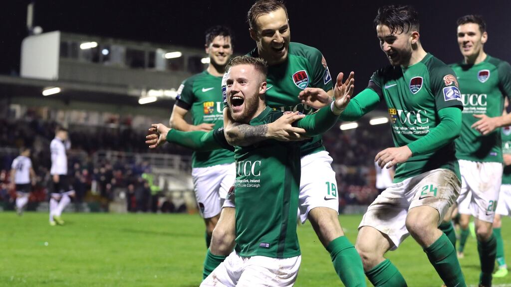 Cork City’s Kevin O’Connor celebrates scoring their second goal with Karl Sheppard and Sean Maguire during the President’s Cup match against Dundalk at Turner’s Cross. Photograph: Ryan Byrne/Inpho