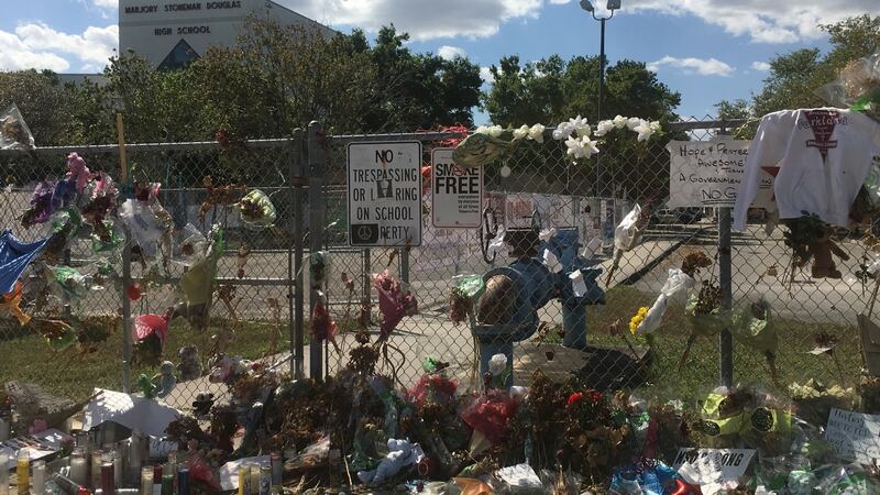 Flowers placed outside Marjory Stoneman Douglas high school in Parkland, Florida. Photograph: Suzanne Lynch