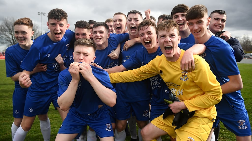 Carndonagh Community School celebrate following their victory over Midleton CBS in the FAI Schools Dr Tony O’Neill Senior National Cup Final. Photograph: David Fitzgerald/Sportsfile