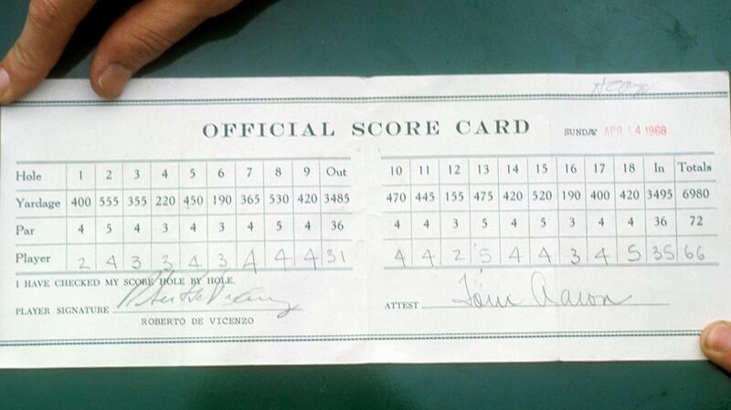 View of scorecard of Roberto De Vicenzo after Sunday play at Augusta National. De Vicenzo signed his incorrect scorecard before checking it, giving Bob Goalby the win. Photo: Neil Leifer /Sports Illustrated/Getty Images