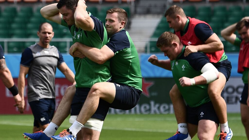 The Ireland team’s captain’s run training session at Shizuoka Stadium Ecopa this morning. Photograph: Getty Images