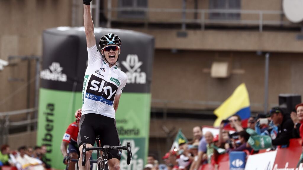 Chris Froome celebrates winning the 11th stage of the Vuelta a Espana. Photograph: Epae