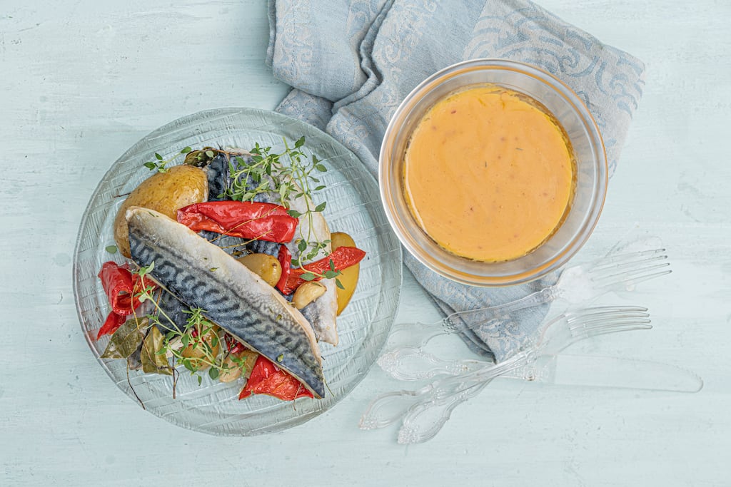 Confit mackerel with rosemary, garlic, potatoes and peppers. Photograph: Harry Weir Photography