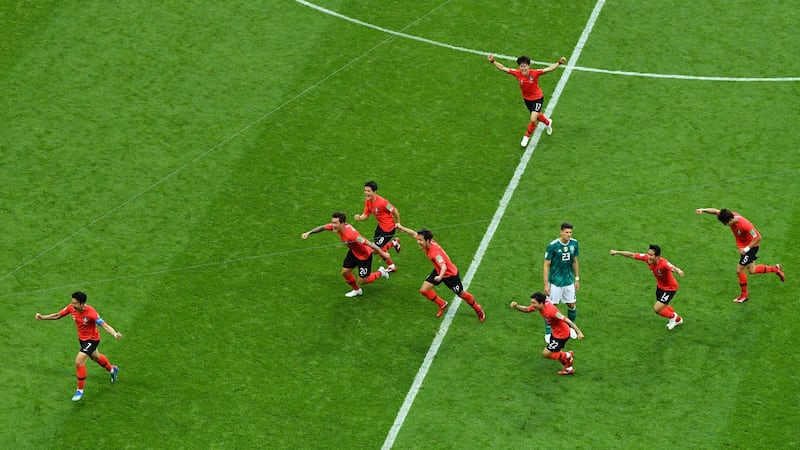 South Korea celebrate their first goal scored by Kim Young-gwon during their 2018 World Cup Group F win over Germany in Kazan. Photo: Dylan Martinez/Reuters