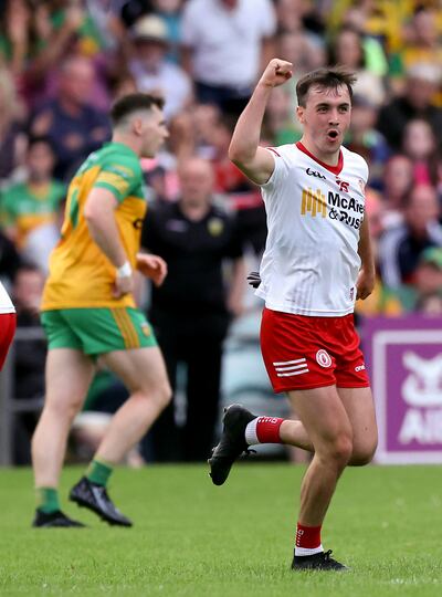 Darragh Canavan celebrates a score against Donegal. He has been in excellent form in the last couple of games and will be looking forward to pitting his wits against Kerry. Photograph: John McVitty/Inpho
