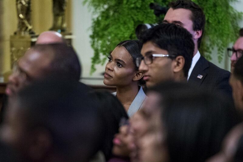 Candace Owens (centre) looks on as US president Donald Trump addresses young black conservative leaders from across the country as part of the 2018 Young Black Leadership Summit at the White House on October 26th in Washington, DC. Photograph: Pete Marovich/Getty