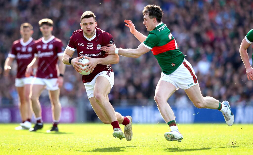 Mayo's Paddy Durcan and Damien Comer of Galway in action earlier this year. Photograph: Ryan Byrne/Inpho
