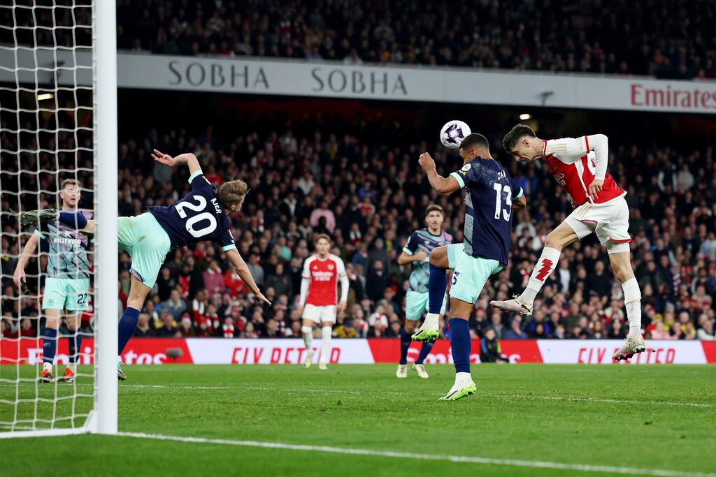 Kai Havertz heads home Arsenal's second goal during the Premier League match against Brentford at Emirates Stadium. Photograph: Richard Heathcote/Getty Images