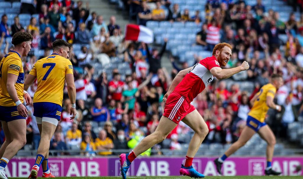 Derry's Conor Glass celebrates scoring. Photograph: Evan Treacy/Inpho
