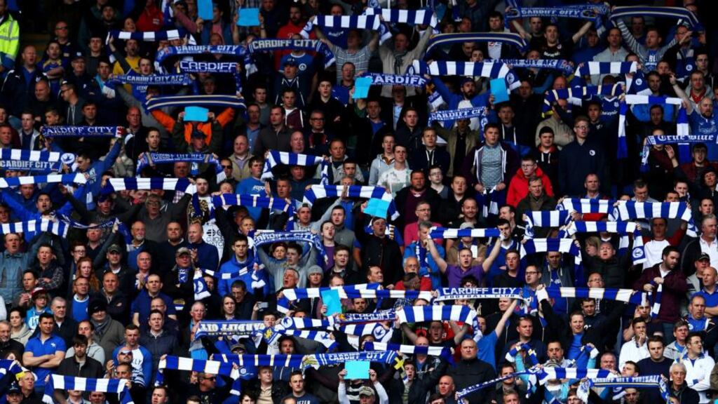 Cardiff City fans show their support during the Premier League match against Stoke City at Cardiff City Stadium. Photograph: Michael Steele/Getty Images