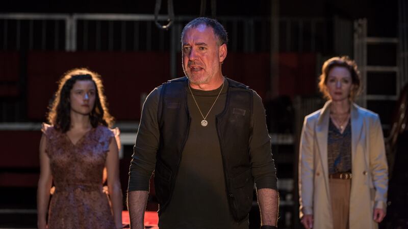 Hecuba: Zara Devlin, Brian Doherty and Aislín McGuckin in the Rough Magic production. Photograph: Ste Murray