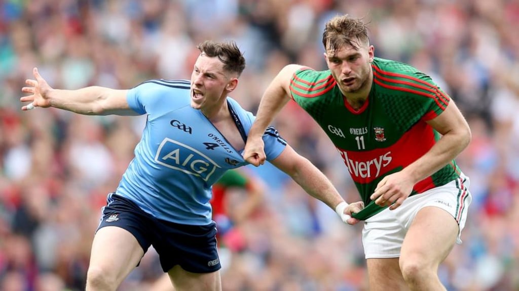 Philly McMahon battles with Mayo’s Aidan O’Shea. Dublin had a plan for O’Shea and it worked well but may have have been really troubled had Barry Moran joined him in the full forward line. Photograph: James Crombie/Inpho