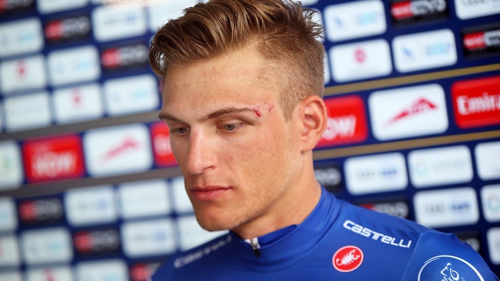 Germany’s Marcel Kittel was hit above the right eye by Ukraine rider Andriy Grivko during stage three of the Dubai Tour. Grivko was disqualified from the race for the incident. Photograph: Matteo Bazzi/EPA
