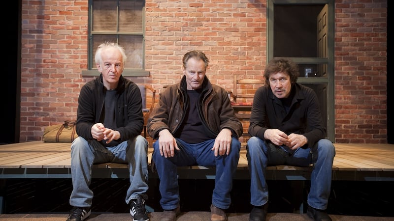 Actors Stephen Rea (right) and Sean McGinley (left) with writer Sam Shepard on the set of Abbey Theatre’s production of ‘Ages of the Moon’ at the Atlantic Theater in New York, 2010. Photograph: by Michael Nagle/ Abbey Theatre