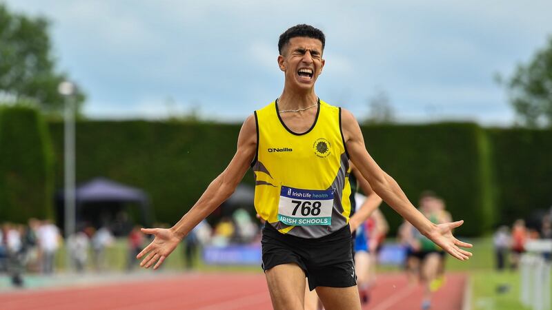 Abdul Lacidiet of Kishoge Community College, Co Dublin celebrates winning the Under 16 boys’ mile  during the Irish Life Health All-Ireland Schools Track and Field Championships in Tullamore. Photograph: Sam Barnes/Sportsfile