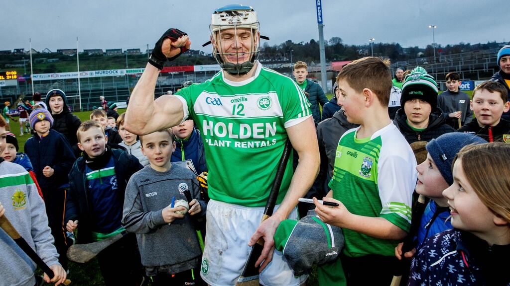 TJ Reid celebrates Ballyhale’s victory over Slaughtneil in the All-Ireland semi-final. “Things are going very well for me at the moment, that allows me to be very consistent . . . I can concentrate on my hurling and the stuff I do outside of hurling.” Photograph: Ryan Byrne/Inpho