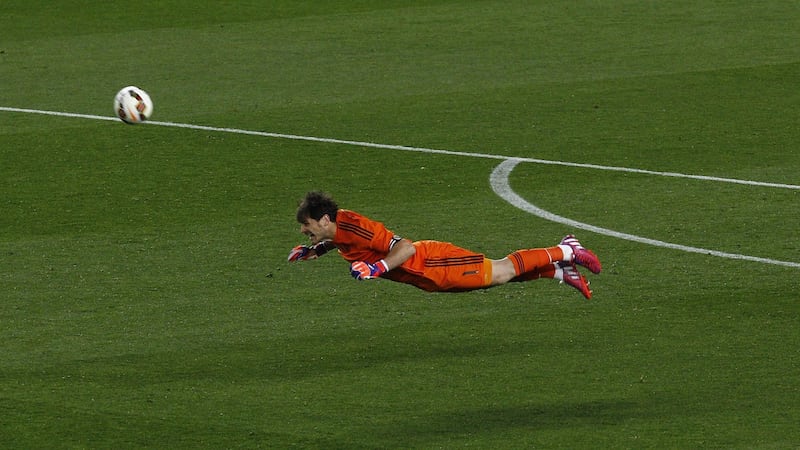 Real Madrid’s goalkeeper Iker Casillas heads a ball during the “clasico” match against Barcelona at the Camp Nou stadium. Photograph: Quique Garcia/AFP via Getty Images