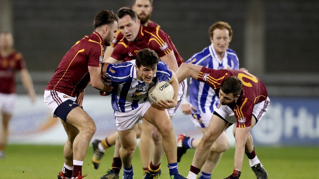 Ballyboden’s Colm Basquel in action against Oliver Plunkett’s Eoghan Ruadh in the Dublin SFC at Parnell Park. Their defeat ensures Ballyboden’s championship season is over before May. Photograph: Tommy Dickson/Inpho