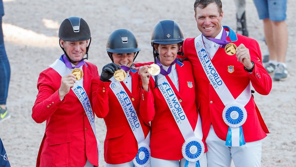 The USA celebrate team gold in North Carolina. Photograph: Erik S Lesser/EPA