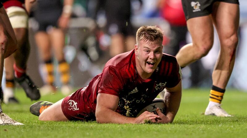 Player of the match Scott Buckley celebrates after scoring a try. Photograph: Dan Sheridan/Inpho