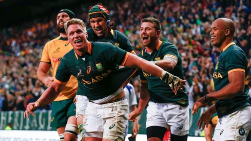 Jean de Villiers from South Africa celebrates scoring a try in their Rugby Championship match against Australia at the Newlands stadium in Cape Town. Photograph: Nic Bothma / EPA