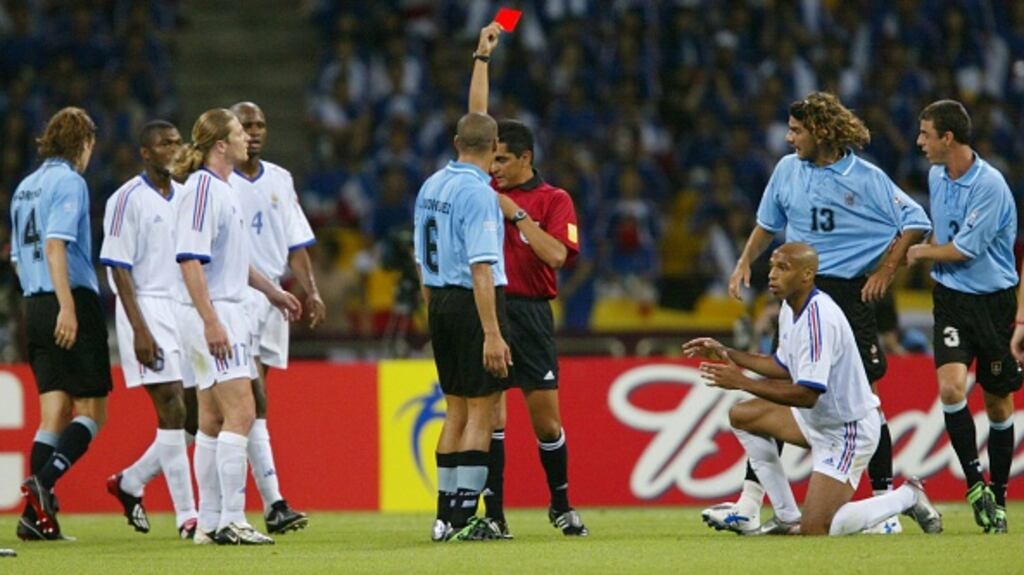 Thierry Henry is sent off at the 2002 World Cup. Photograph: Getty Images