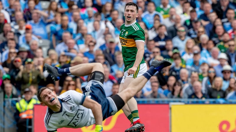 Dublin goalkeeper Stephen Cluxton saves a shot from Kerry’s Paul Murphy. Photograph: Morgan Treacy/Inpho