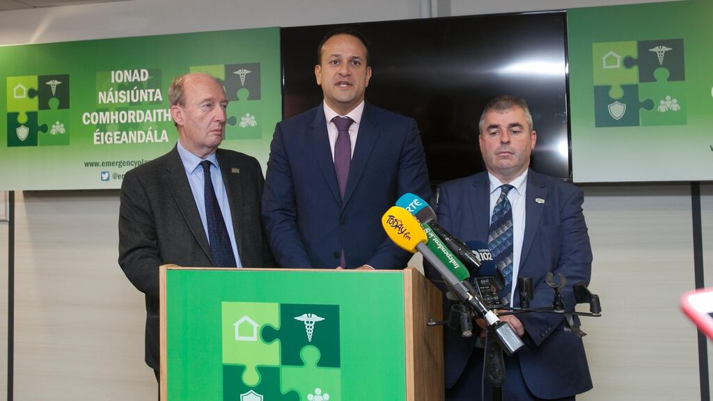 Minister for Transport Shane Ross, Taoiseach Leo Varadkar and Minister of State Kevin ‘Boxer’ Moran during a media briefing on Storm Ophelia. Photograph: Gareth Chaney/Collins