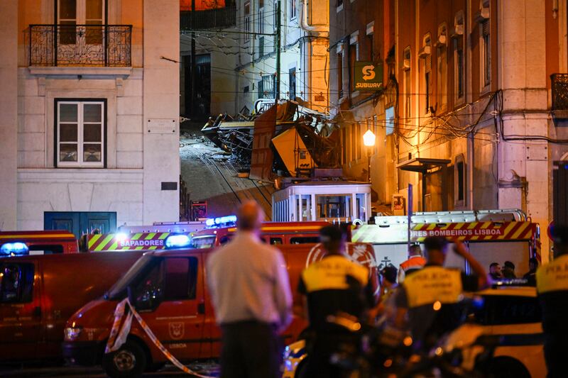 A view of the Glória funicular railway derailment, which leads to the Bairro Alto neighbourhood in Lisbon. Photograph: Horacio Villalobos/Getty Images
