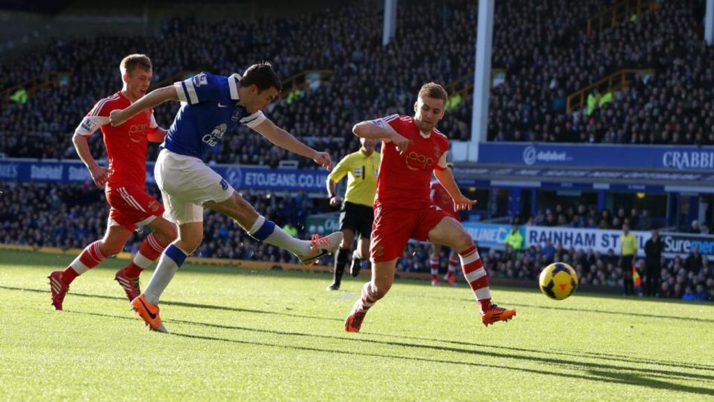 Everton’s Seamas Coleman scores their first goal against Southampton. Photograph: Peter Byrne/PA Wire.