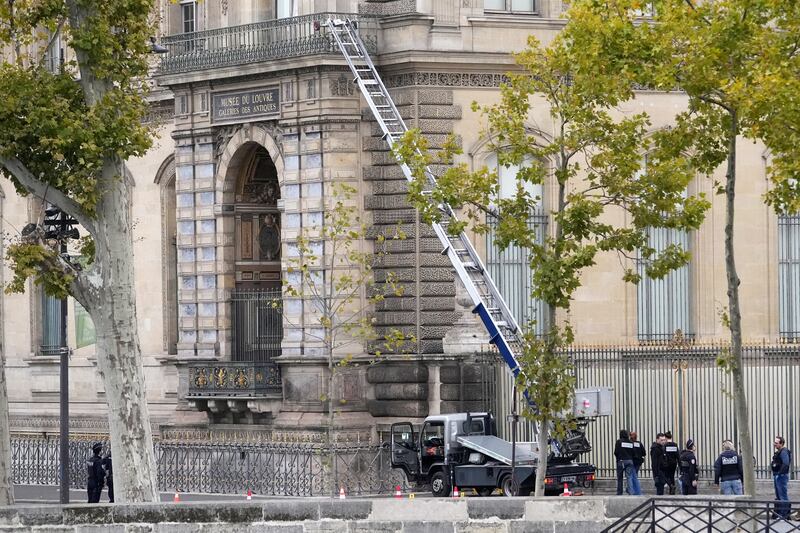 Thieves used a freight lift wheeled to the museum’s Seine-facing facade and forced a window. Photograph: Thibault Camus/AP
