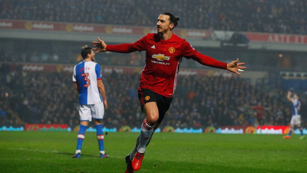 Manchester United’s Zlatan Ibrahimovic celebrates scoring their second goal against Blackburn in the FA Cup. Photo: Phil Noble/Reuters